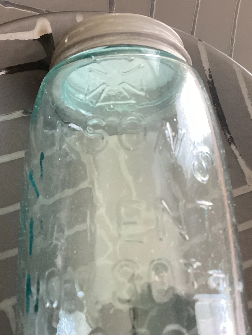 Antique “HERO CROSS” Aqua Blue glass Mason canning jar dating back to 19thC